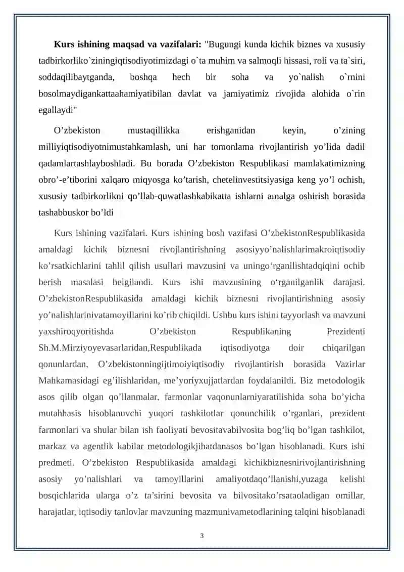 O’zbekiston Respublikasi kichik biznesni rivojlantirishning asosiy yo’nalishlari 3