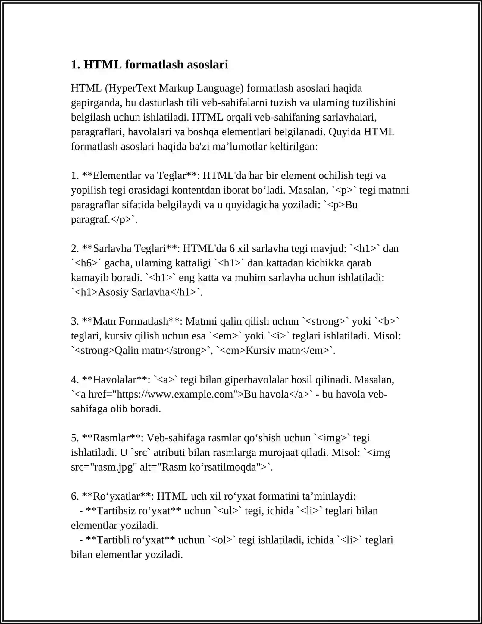 HTML FORMATLASH, HTML SHAKLI,KENGAYTIRILGAN HTML TUSHUNCHALARI 3