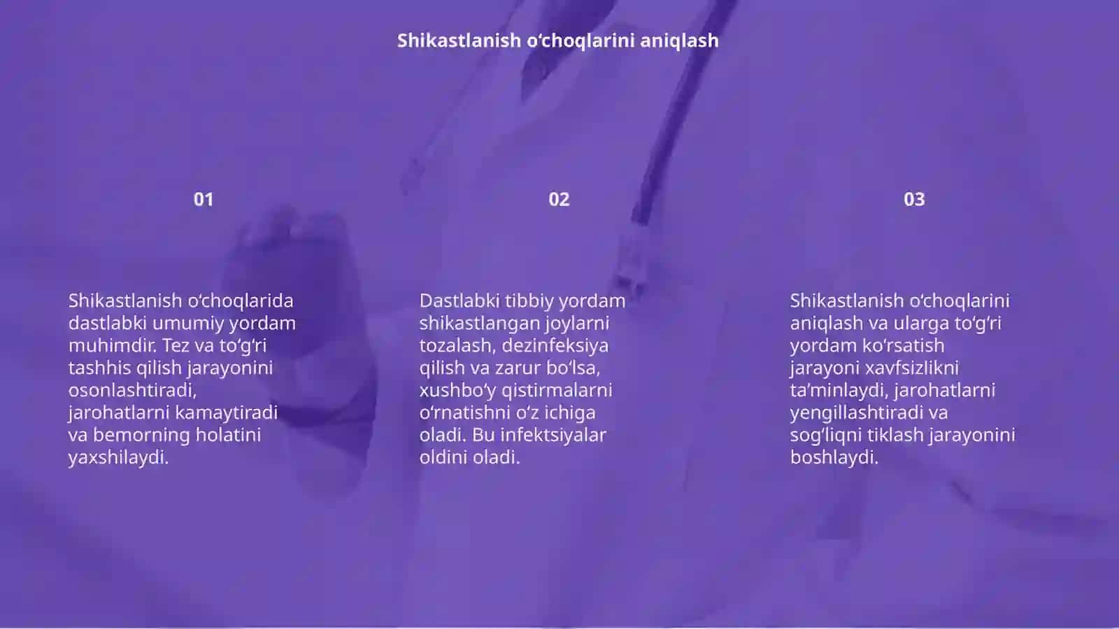 Shikastlanish o‘choqlarida dastlabki umumiy, dastlabki tibbiy yordamni tashkil etish 3