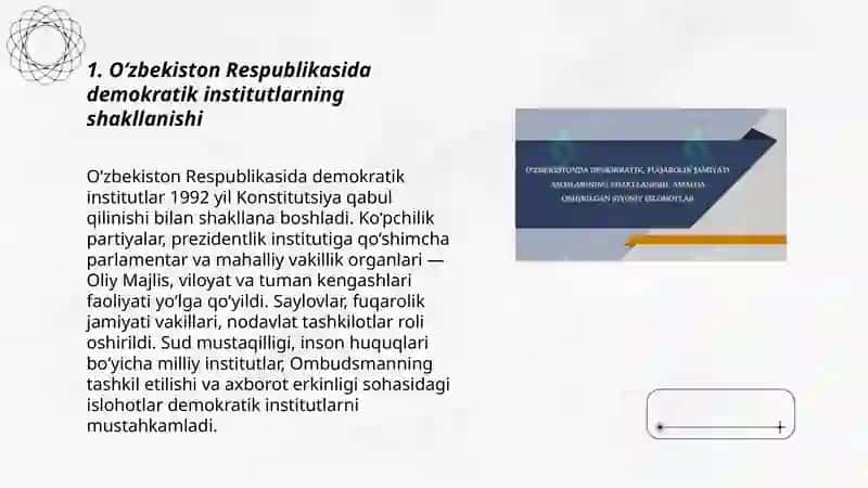 O‘zbekistonda demokratik, fuqarolik jamiyati asoslarining shakllanishi, amalga oshirilgan siyosiy islohotlar 3