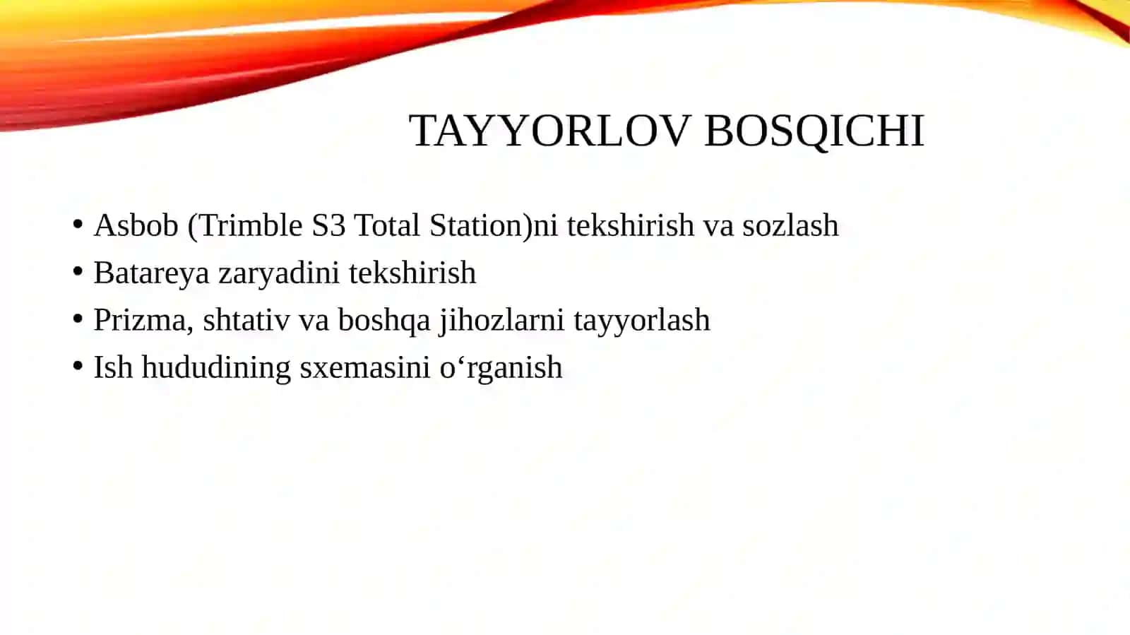Trimble S3 elektron taxeometrida topografik s`yomka ishlarini bajarish. 3