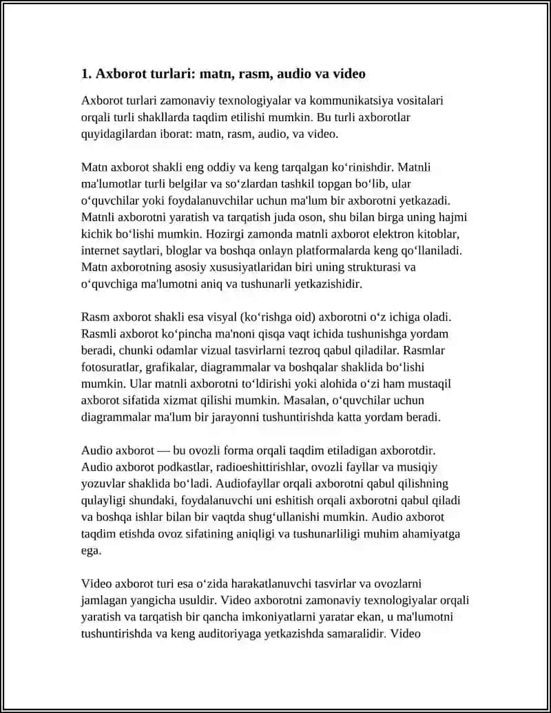AXBOROT TURLARI.SANOQ SISTEMALARI.TEXNIKA XAVFSIZLIGI MUSTAQIL ISH 3