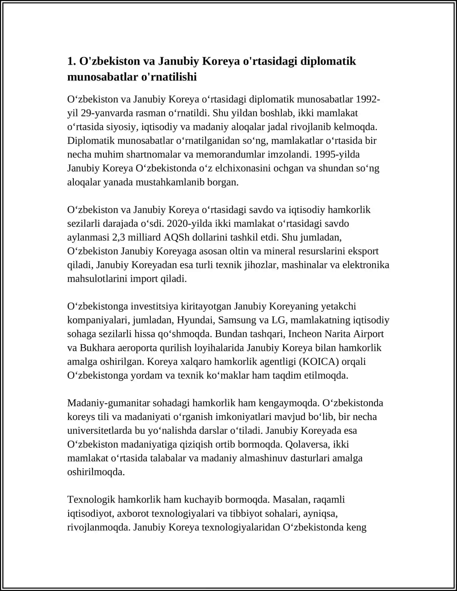 MUSTAQILLIK YILLARIDA O`ZBEKISTONNING JANUBIY KAREYA BILAN XAMKORLIK ALOQALARI 3