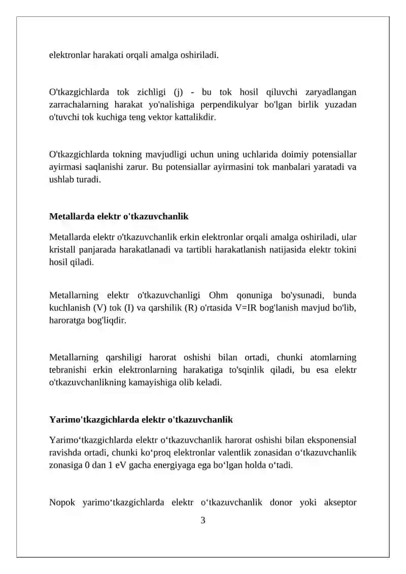 Elektr tokining turli muxitdagi tabiati. Dielektriklar. Elektrolitlar. Elektr o'tkazuvchanlik 3