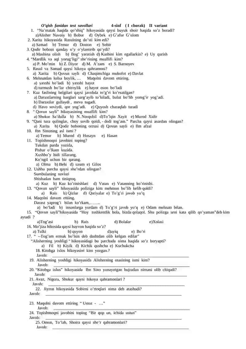 O’qish fanidan test savollari (4-sinf) I chorak ( I variant) 3