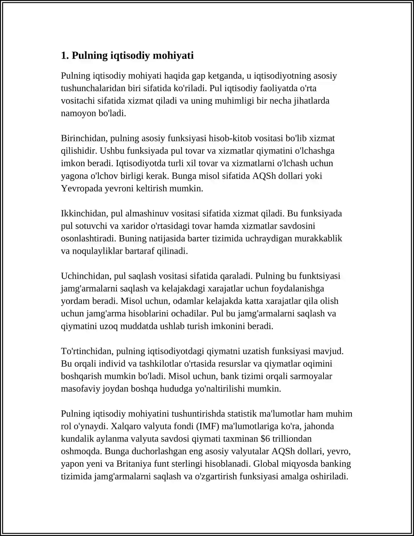 MUSTAQIL ISH Mavzu: PULNING IQTISODIY VAZIFALARI,PULNING DISKONLI TAHLILI 3