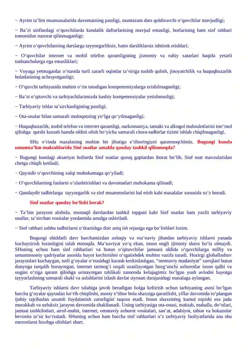 7-sinflar uchun Sinf soati Yillik ish reja va ishlanmalari 3