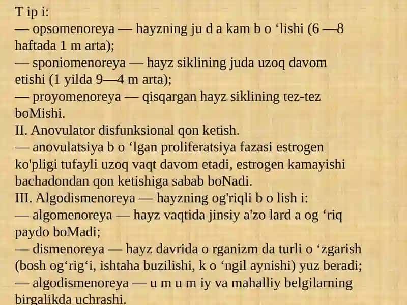Qiz bolalar va o‘smir qizlarda hayz siklining buzilishi. O'smirlarda amenoreya.Yuvenil qon ketishlar. Algodismenoreya. Qiz bolalarda ginekologik tekshirish usullari 3