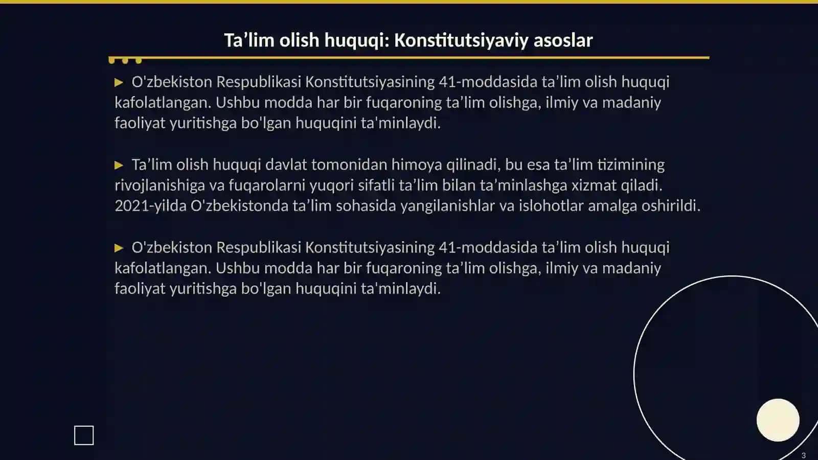 Ta’lim olish huquqi:Oliy ta’lim va akademik erkinlikning konstitutsaviy kafolatlari 3