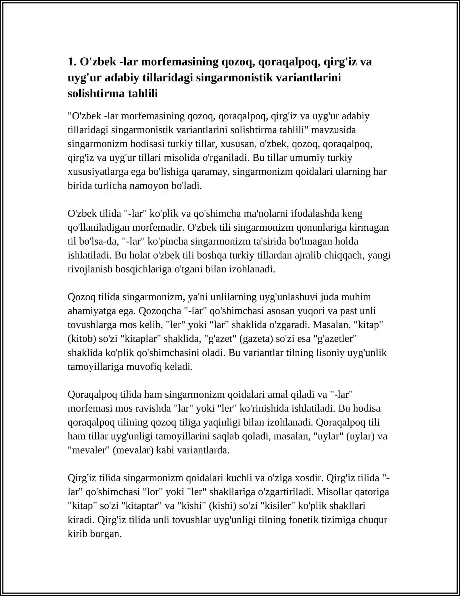 O'ZBEK ADABIY TILIDA -LAR MORFEMASINING QOZOQ, QORAQALPOQ, QIRG'IZ, UYG'UR ADABIY TILLARIDA MUVOFIQLARI VA SINGARMONISTIK VARIANTLARI 3