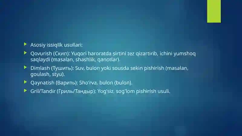 Parranda va ilvasinlarga issiqlik ishlov berish va taomlar tayyorlash 3