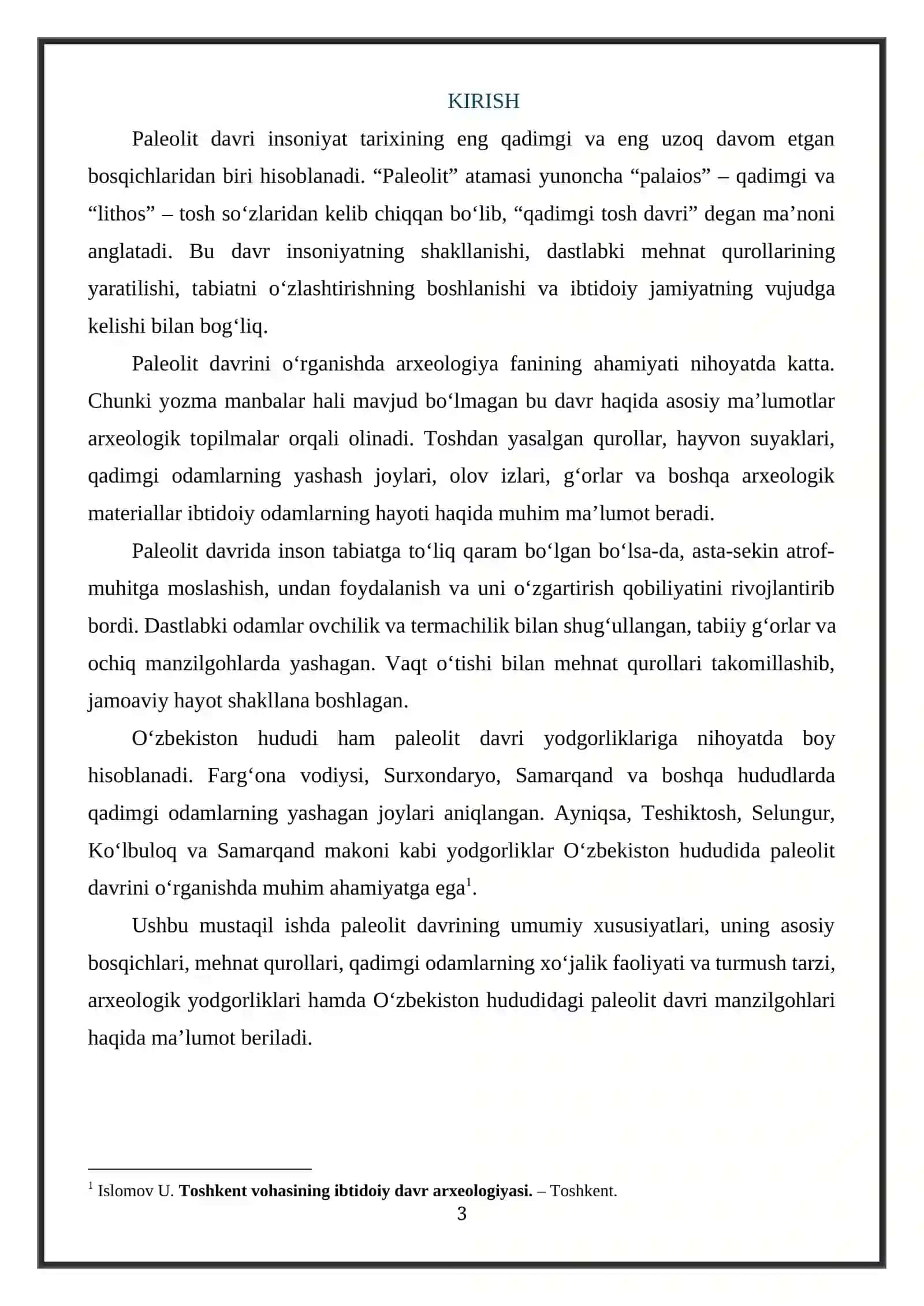 PALEOLIT DAVRI ARXEOLOGIYASI mavzusida mustaqil ish 3