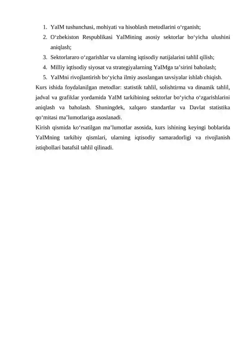 O‘ZBEKISTON RESPUBLIKASI YALPI ICHKI MAHSULOTINING ISHLAB CHIQARISH TARKIBI VA UNING TAHLILI 3
