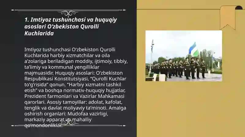 Oʻzbekiston Respublikasi Qurolli Kuchlardagi imtiyozlarning asosiy turlari va tuzilishi 3