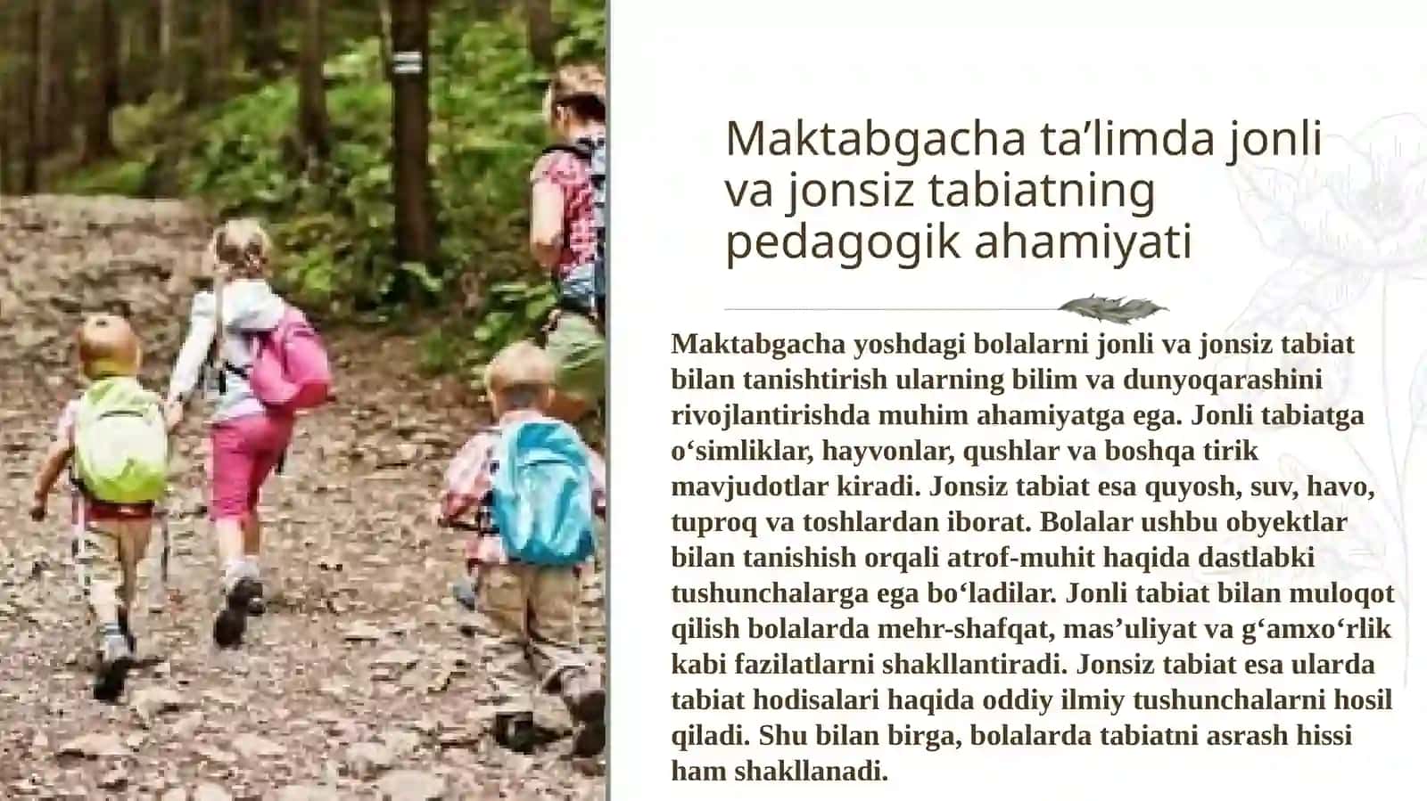 MAKTABGACHA YOSHDAGI BOLALARNI JONLI VA JONSIZ TABIAT BILAN TANISHRIRISH TAMOYILLARI 3
