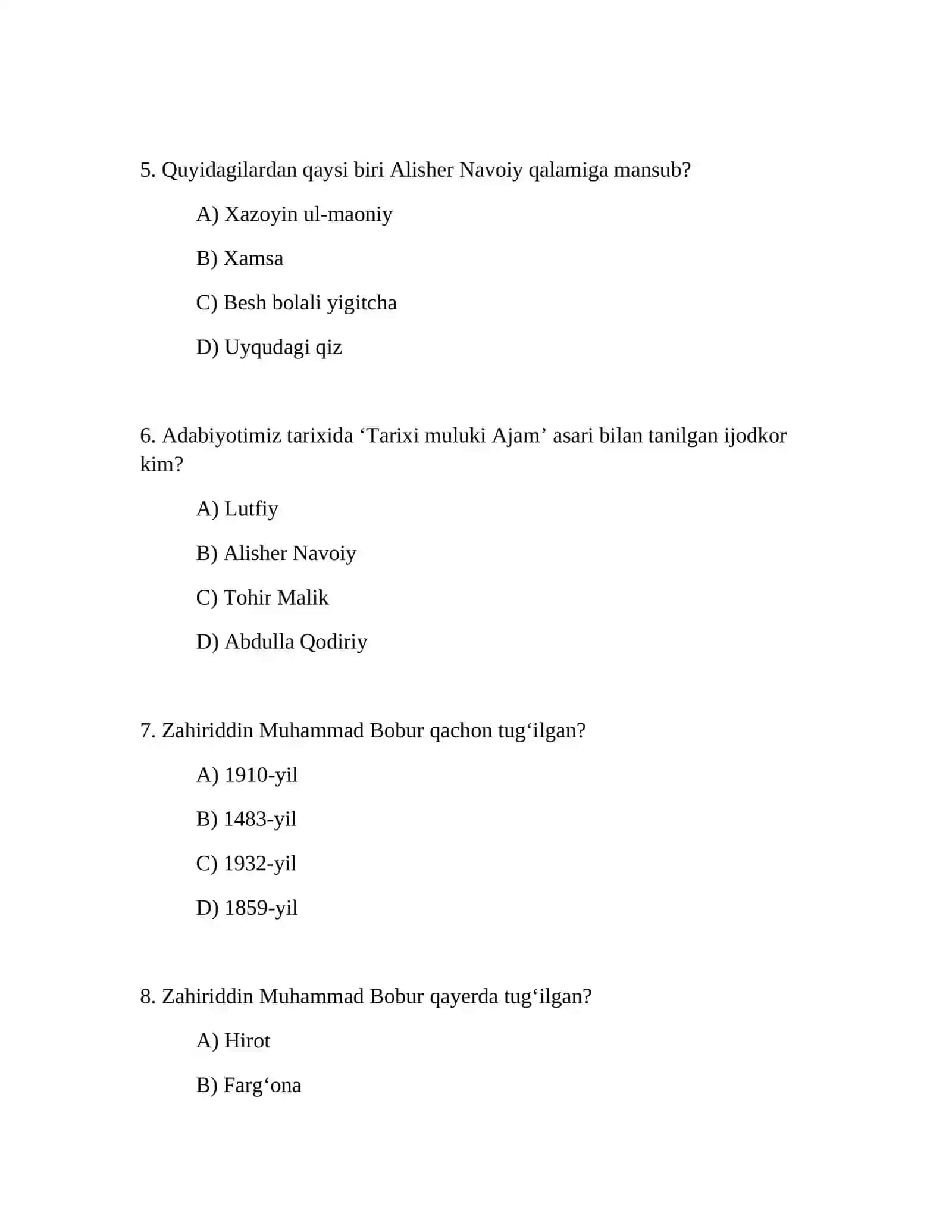8-sinf Adabiyot fanidan 300 ta test savollari 3