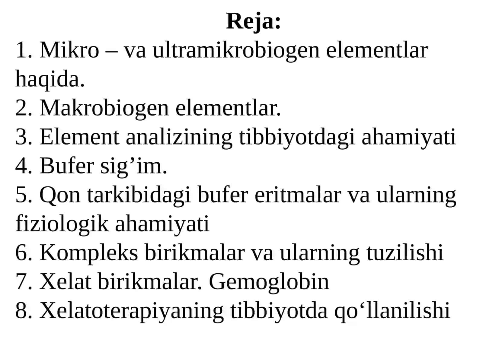 Tibbiy kimyoga kirish. Biogene elementlar. Eritmalarning kolligativ xossalari. Bufersistemalar. Elektrokimyo asoslari. Kompleks birikmalar 3