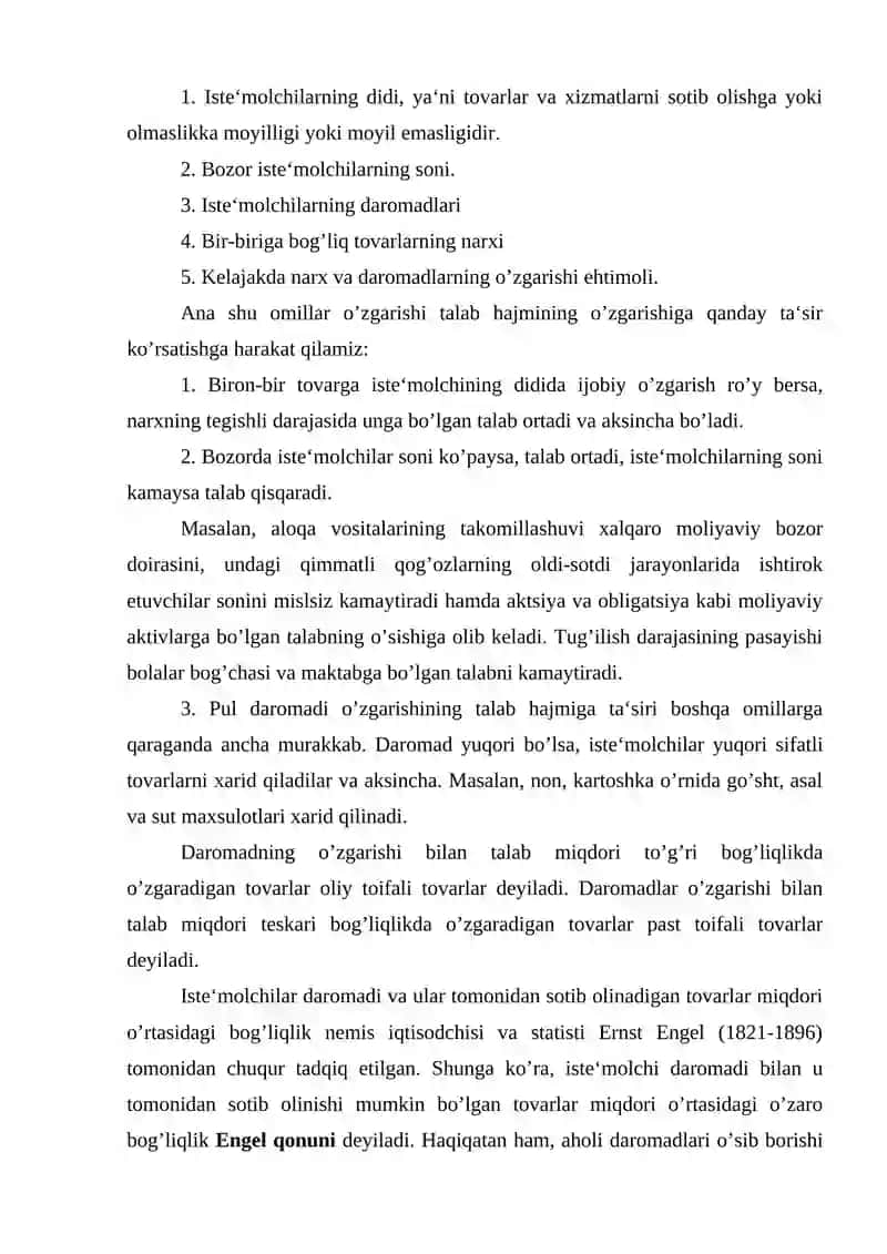 Talab tushunchasi va uning miqdoriga ta‘sir etuvchi omillar. Talab qonuni 3