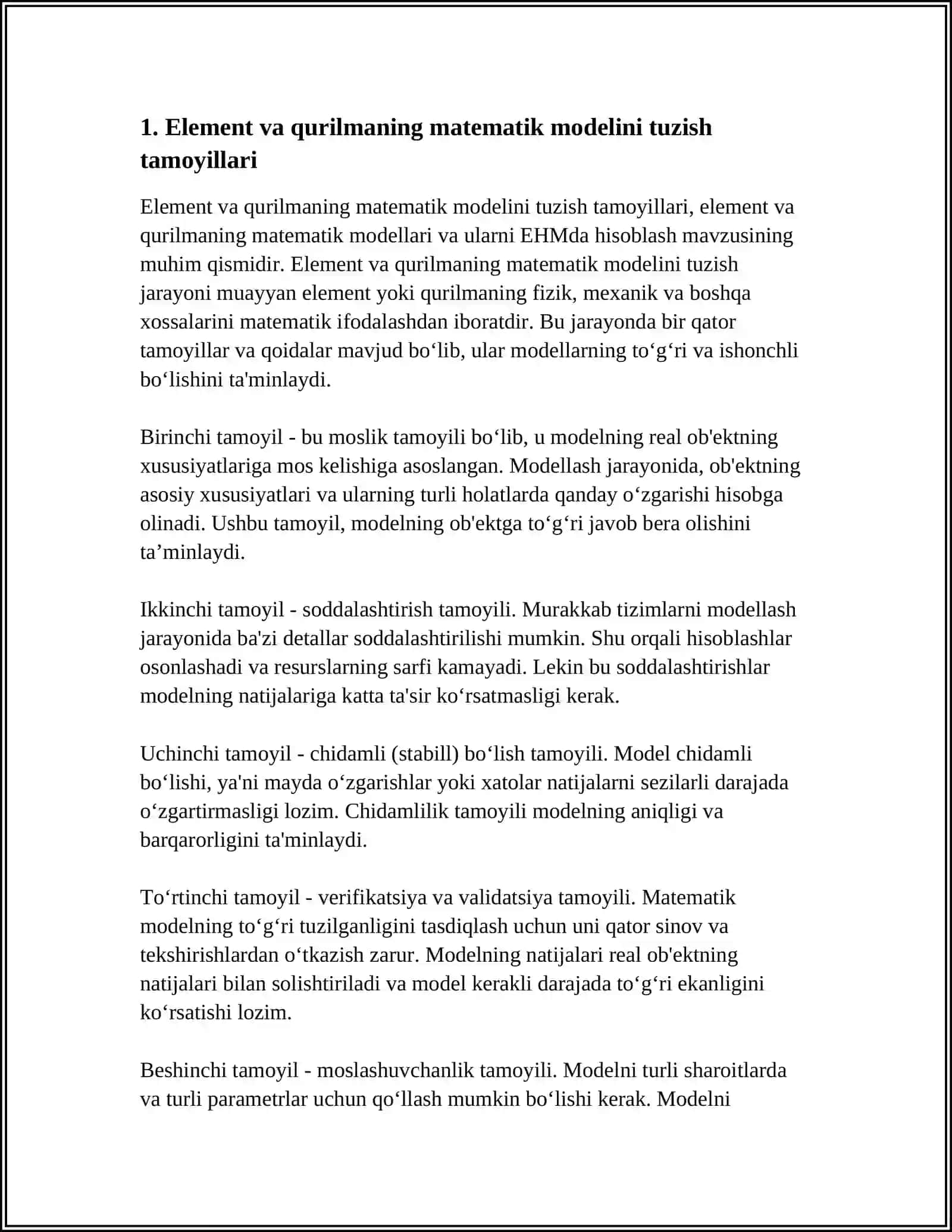 ELEMENT VA QURILMANING MATEMATIK MODELLARI VA ULARNI EHMDA HISOBLASH 3