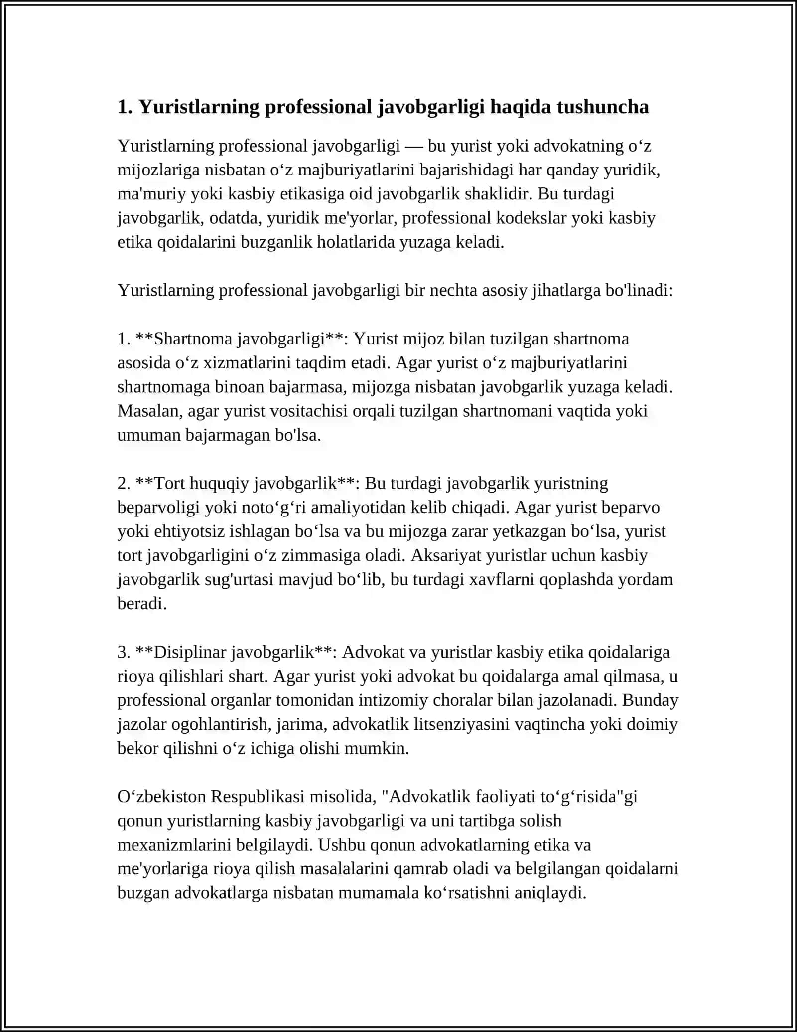 YURIDIK KASB EGALARINING PROFESSIONAL JAVOBGARLIGI. KASB AXLOQI TUSHUNCHASI. UMUMIY VA XUSUSIY JIHATLARI 3