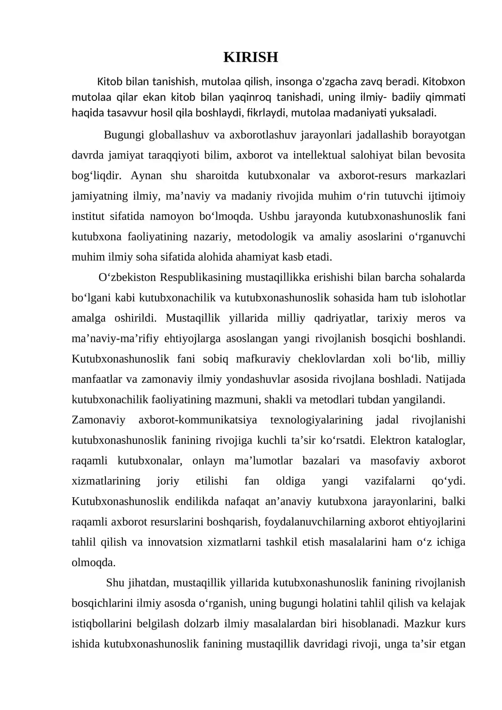 O‘ZBEKISTON RESPUBLIKASI OLIY TA’LIM, FAN VA INNOVATSIYALAR VAZIRLIGI QO‘QON DAVLAT UNIVERSITETI “BOSHLANG‘ICH VA TEXNOLOGIK TA’LIM” FAKULTETI “Texnologik ta’lim va kutubxonashunoslik” kafedrasi “Kutubxona – axborot faoliyati” yo‘nalishi 2-kurs (kunduzgi) talabasi G’ulomova Hayotxon G’ofurjon qizining “Kutubxonashunoslik” fanidan tayyorlagan KURS ISHI 3