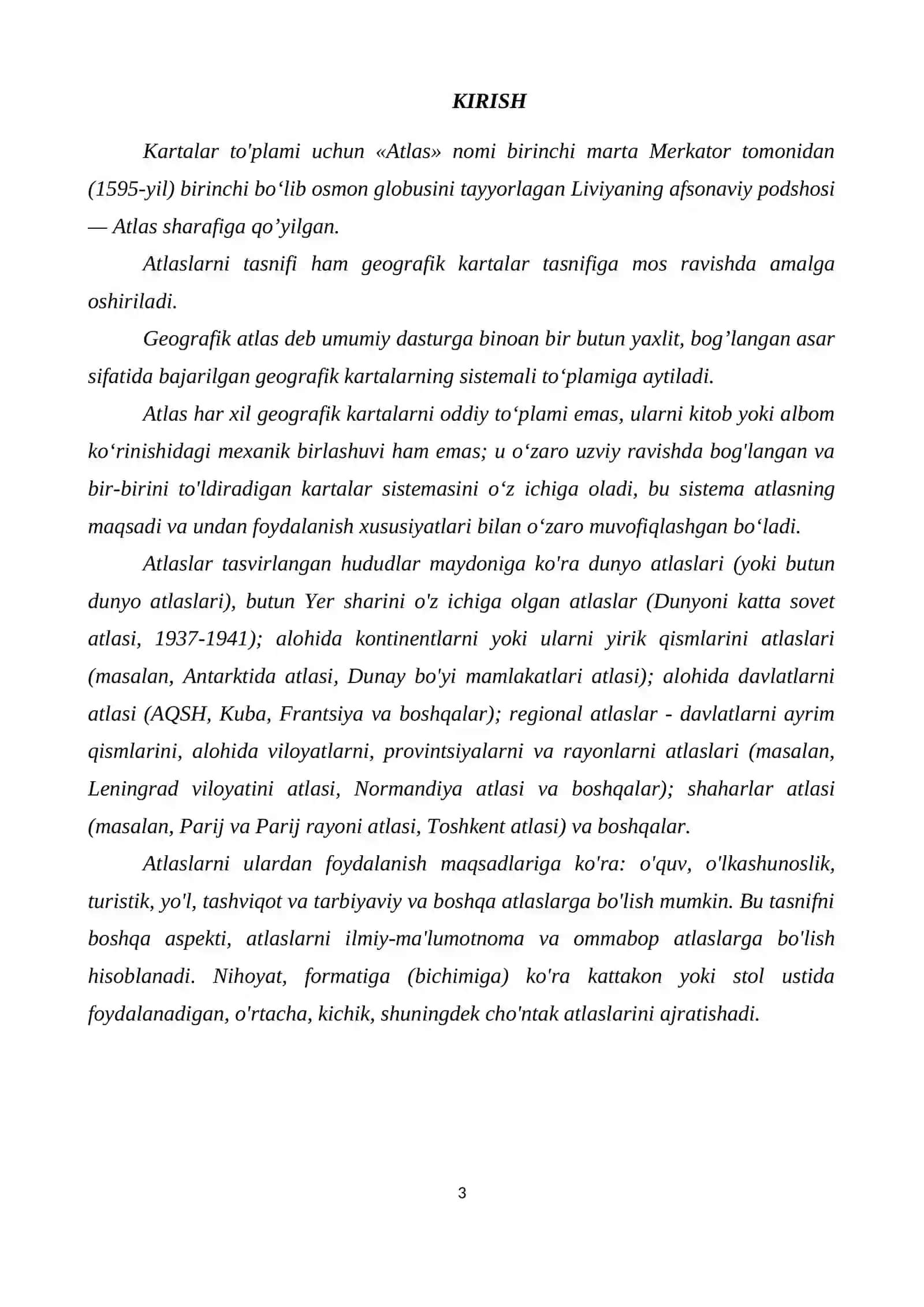 O`zbekistonda chop etilgan tabiiy mavzudagi xarita va atlaslarni o`qish, o`rganish va tahlil qilish 3