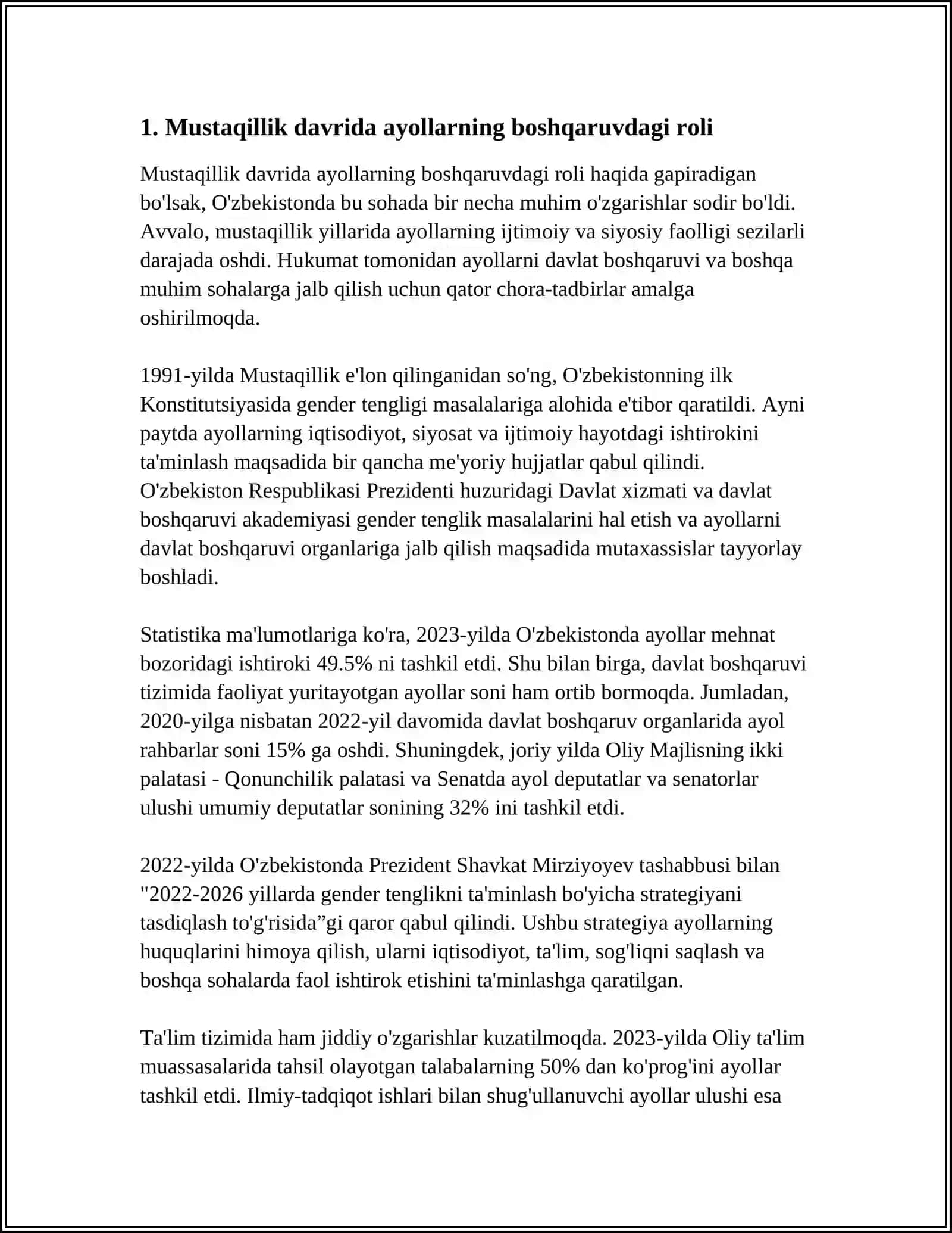 MUSTAQILLIK YILLARIDA BOSHQARUVDA AYOLLARNING OʻRNI 3