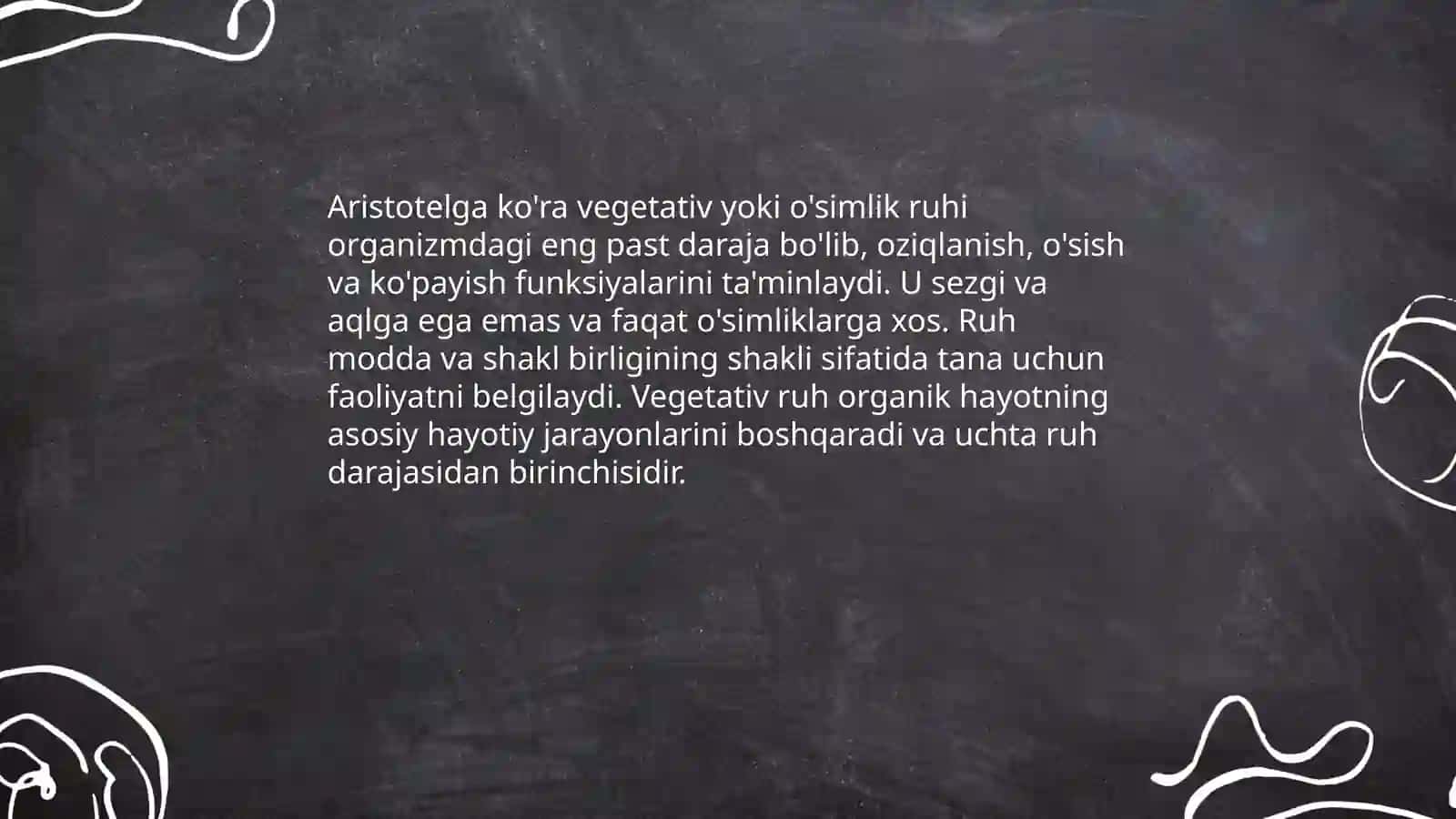 Aristotel falsafasi:ruhning uch darajasi, ideal holat, individ lar borliqning boshlanishi materiya va shaklning birligi haqida talimot Yo'ldosheva Xusnida 3