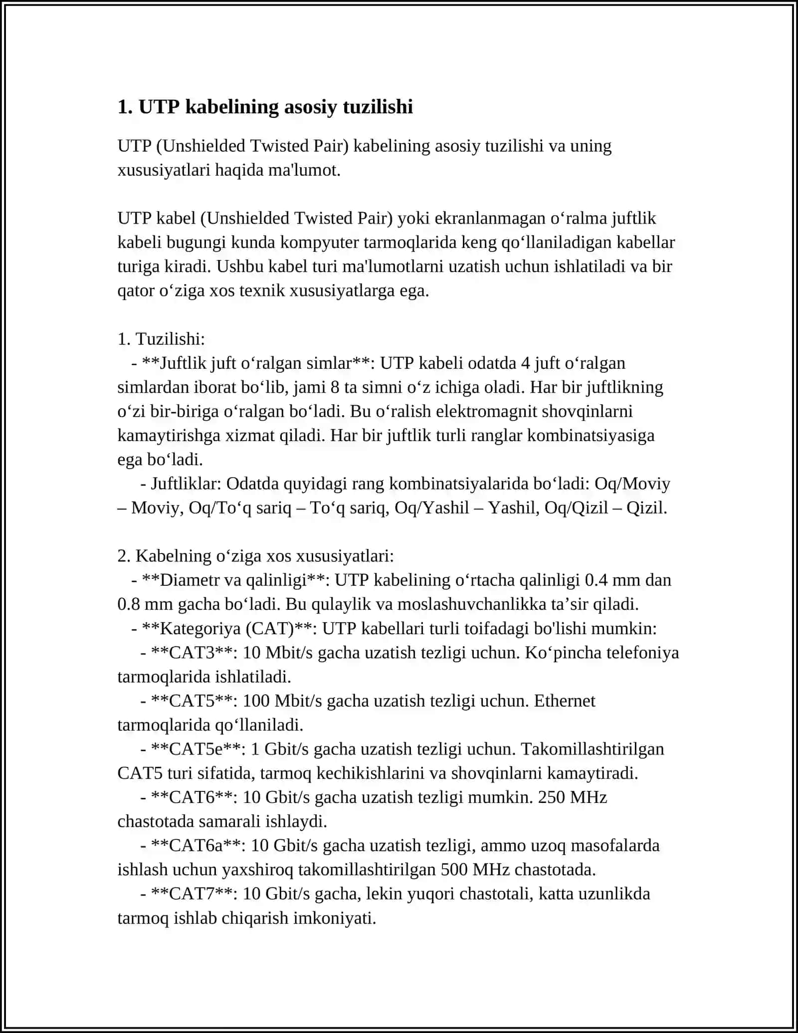 UTP kabelining asosiy tuzilishi 3