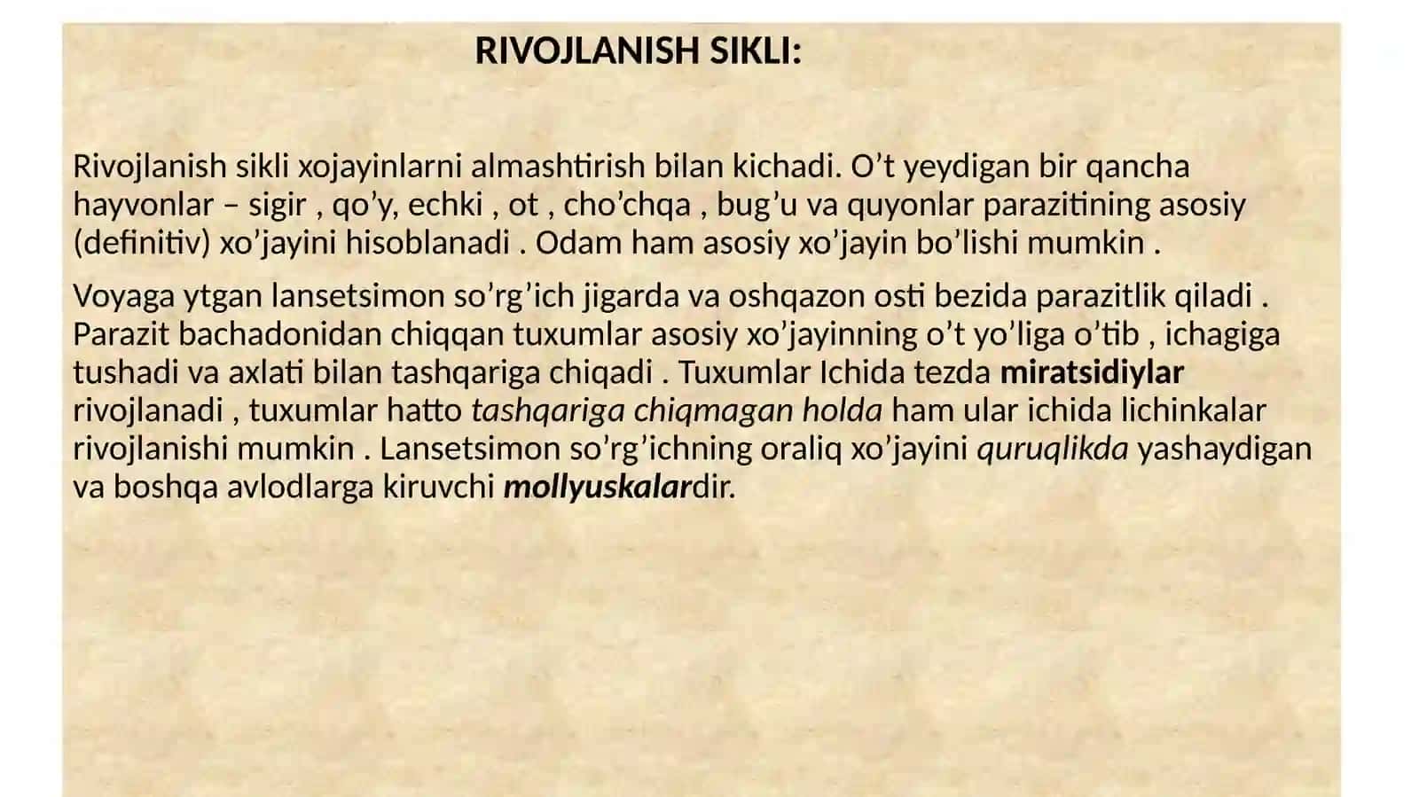 ODAMDA PARAZITLIK QILUVCHI SO’RG’ICHLILAR (O’PKA QURTI , LANSETSIMON SO’RG’ICH , QON QURTI) 3
