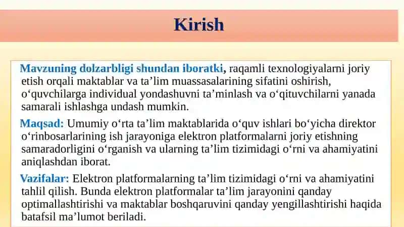 Umumiy o‘rta ta’lim maktablarida o‘quv ishlari bo‘yicha direktor o‘rinbosarlarining ish jarayonida elektron platformalarni joriy etishning zarurati. 3