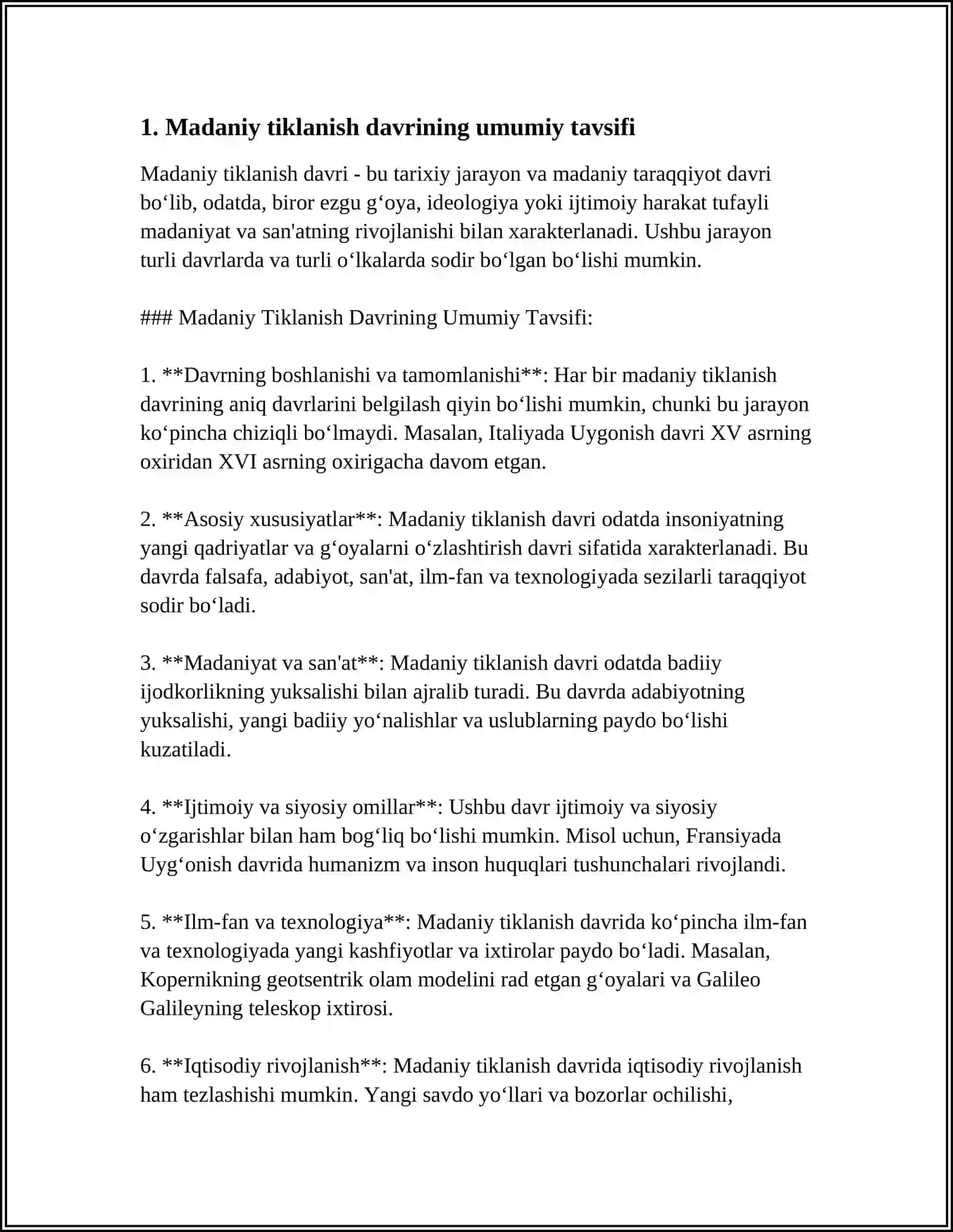 MADANIY TIKLANISH BIRINCHI UYG'ONISH DAVRI DUNYO SIVILIZATSIYASI UCHUN AHAMIYATI 3