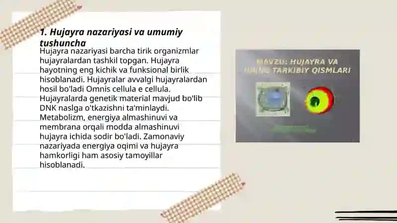 Hujayra haqida tushuncha,Hujayra biologiyasi va kimyoviy tarkibi. 3
