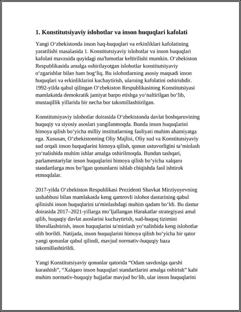 YANGI ÒZBEKISTONDA INSON HAQ-HUQUQLARI VA ERKINLIKLARI KAFOLATINING YARATILISHI REFERAT 3