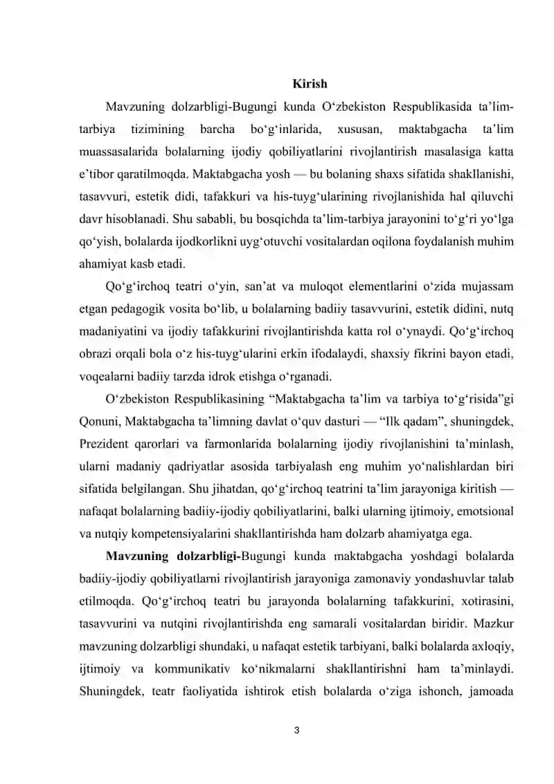 Maktabgacha katta yoshdagi bolalarning badiiy ijodiy qobiliyatlarini qoʻgʻirchoq teatri vositasida shakllantirish mazmuni 3