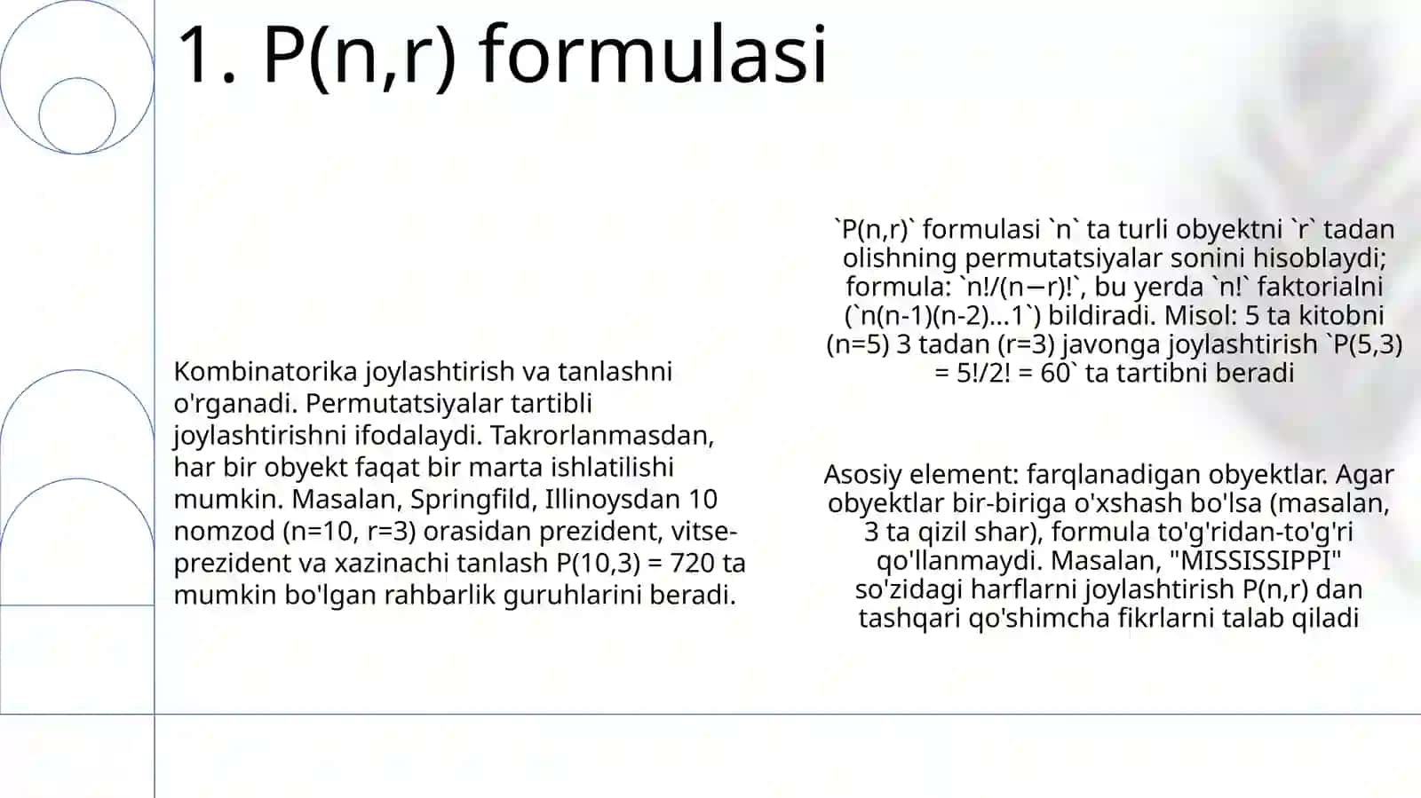 Kombinatorikaning asosiy elementlari.Takrorlanmaydigan oʻrin almashtirish 3