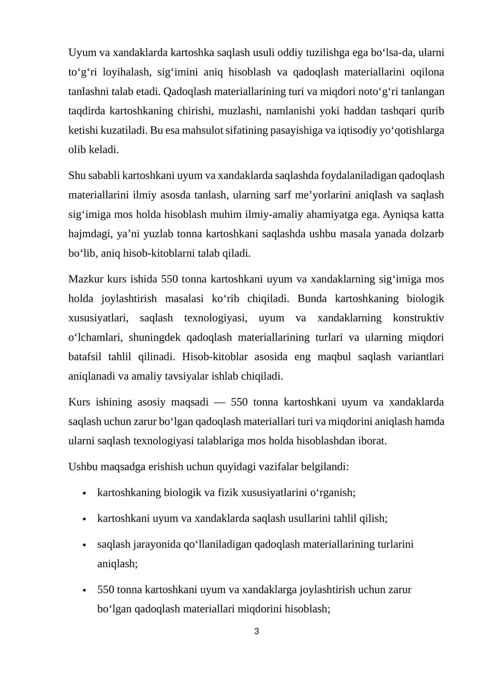 550 t kartoshkani uyum va xandaklarning sig‘imiga mos holda ularni joylashtirish uchun talab qilinadigan qadoqlash materiallari turi va miqdori hisoblansin 3