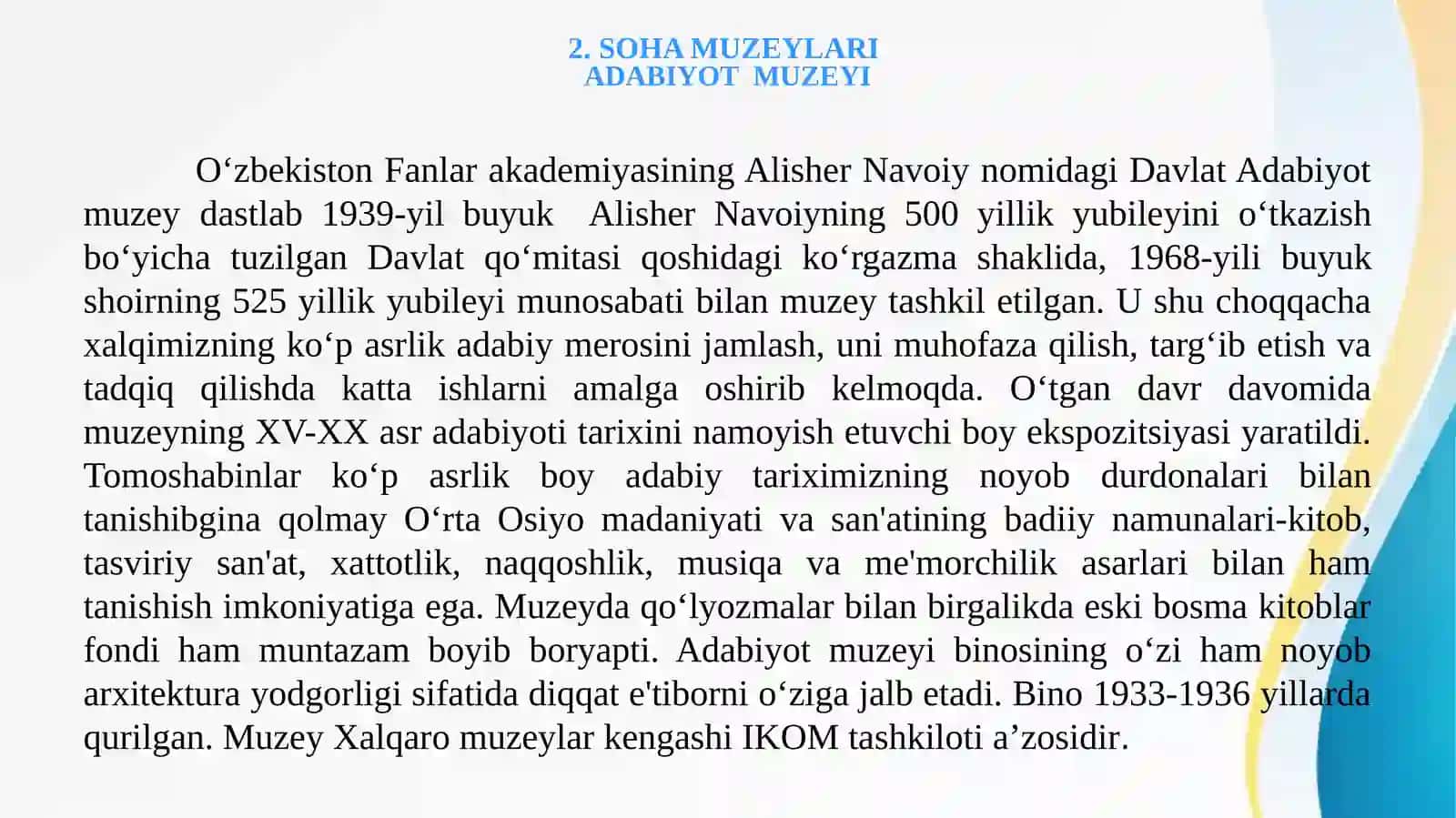 MUZEYLAR – O‘TMISH VA KELAJAK ORASIDAGI KO‘PRIK . SOHAVIY TERMINLAR VA ULARNING QO‘LLANISHI 3