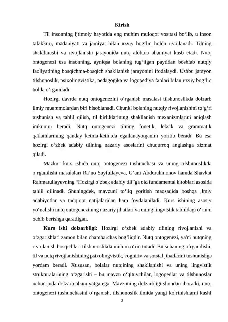 NUTQ ONTOGENEZI TUSHUNCHASI VA UNING TILSHUNOSLIKDA O‘RGANILISHI KURS ISHI 3
