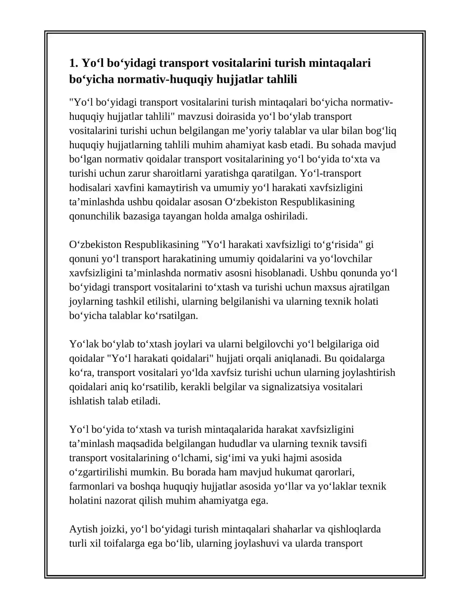 YO‘L BO‘YLAB TRANSPORT VOSITALARINI TURISH MINTAQALARIDA HARAKAT XAVFSIZLIGINING ME’YORIY TALABLARNI O‘RGANISH 3