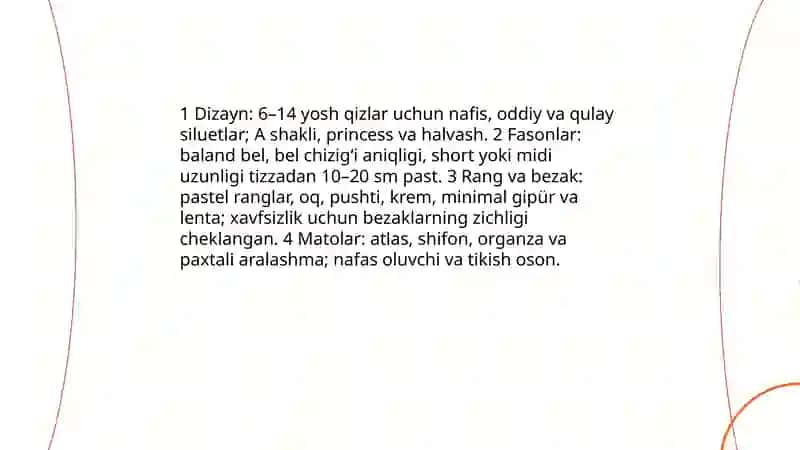 Maktab yoshidagi qizlar bayram va tantana uchun kiyiladigan ko'ylakni texnologik xaritasini tuzish, maketini tikish 3
