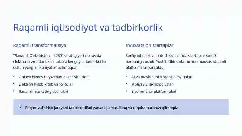 Tadbirkorlikni qoʻllab-quvvatlash: Oʻzbekistonning yangi imkoniyatlari 3