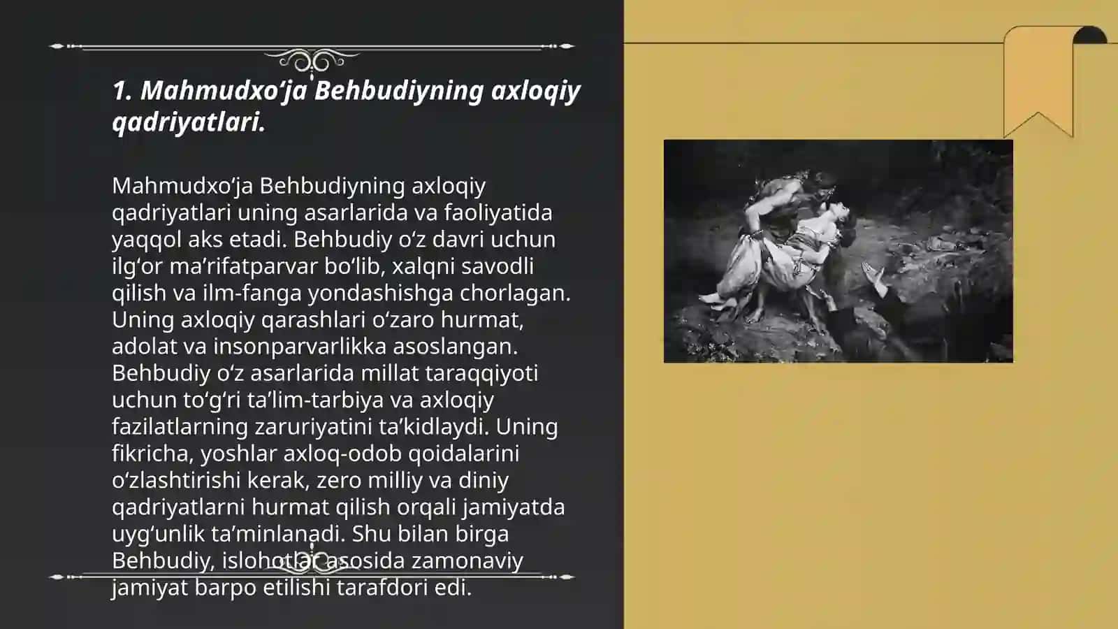 Mahmudxoʻja Behbudiyning ilgari surgan axloqiy qarashlari, Tarbiyaning maqsad va vazifalari, Mustaqil Oʻzbekistonda pedagogik va tarbiyaviy goʻyalar rivojlanishi, Oilada tarbiya asoslari, Navoiyning Mahbub ul qulub asarning pedagogik tahlili 3