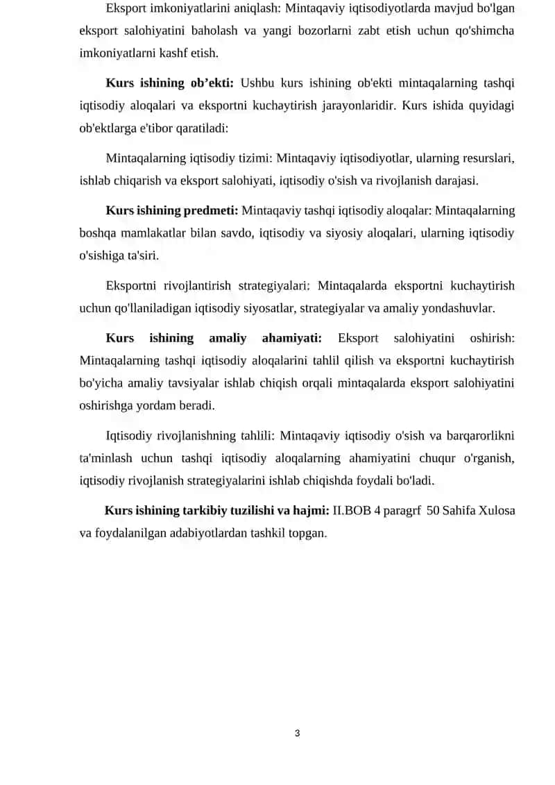 MINTAQALARNING TASHQI IQTISODIY ALOQALARI VA EKSPORTNI KUCHAYTIRISH YO'LLARI KURS ISHI 3