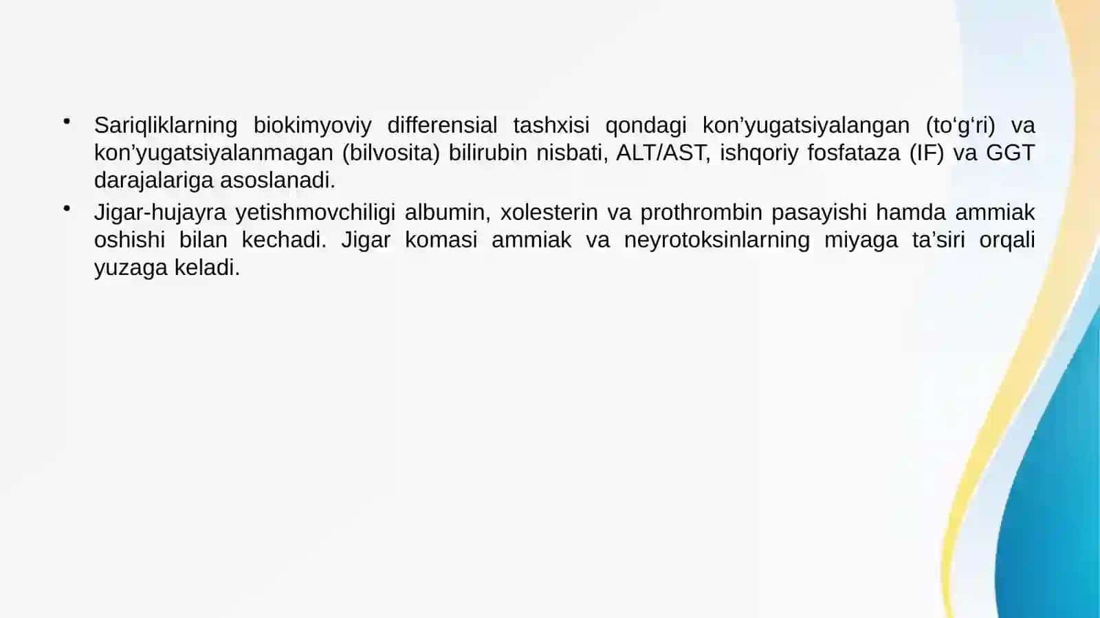 Sariqliklarning biokimyoviy jihatdan differensial tashxisi, Jigar - hujayra yetishmovchiligi va jigar komasi vujudga kelishining biokimyoviy mexanizmlari va tashxisi 3