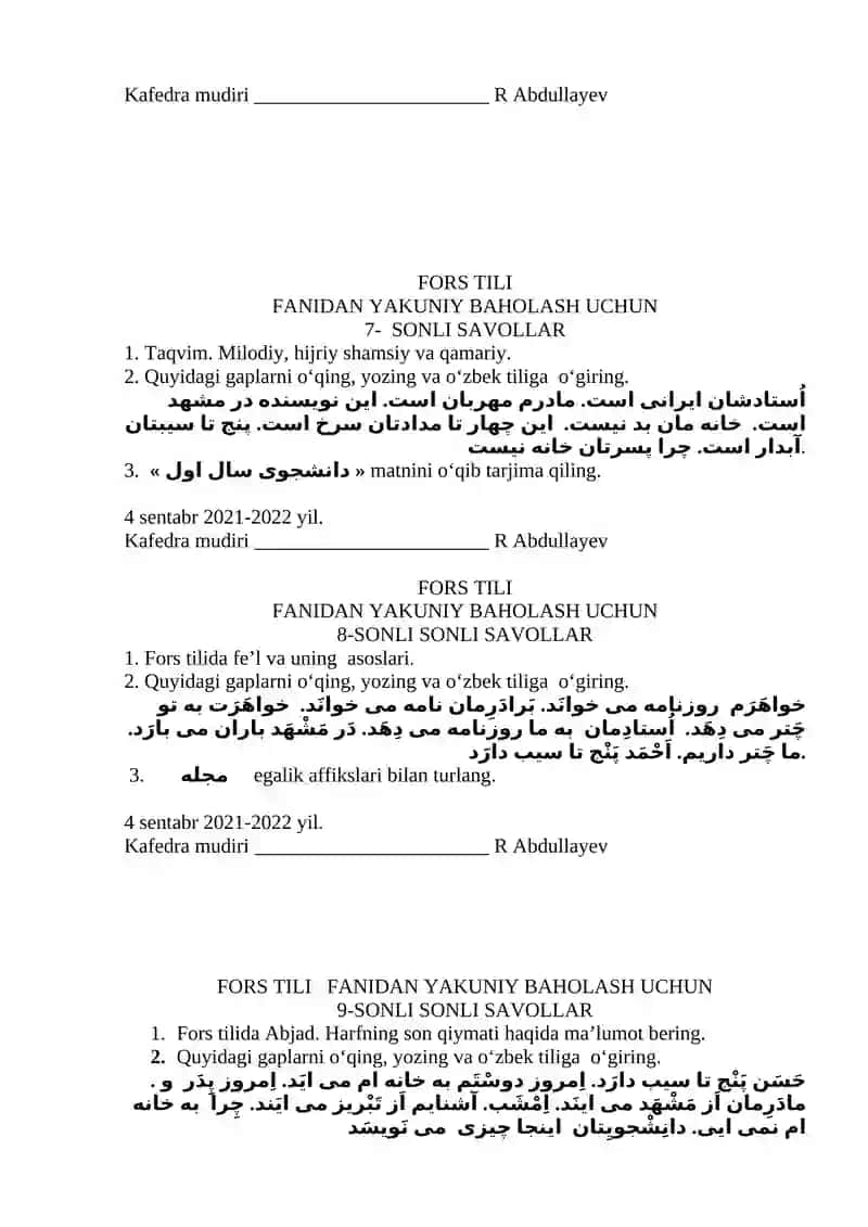 Fors Tili Fanidan Yakuniy Baholash Uchun 3