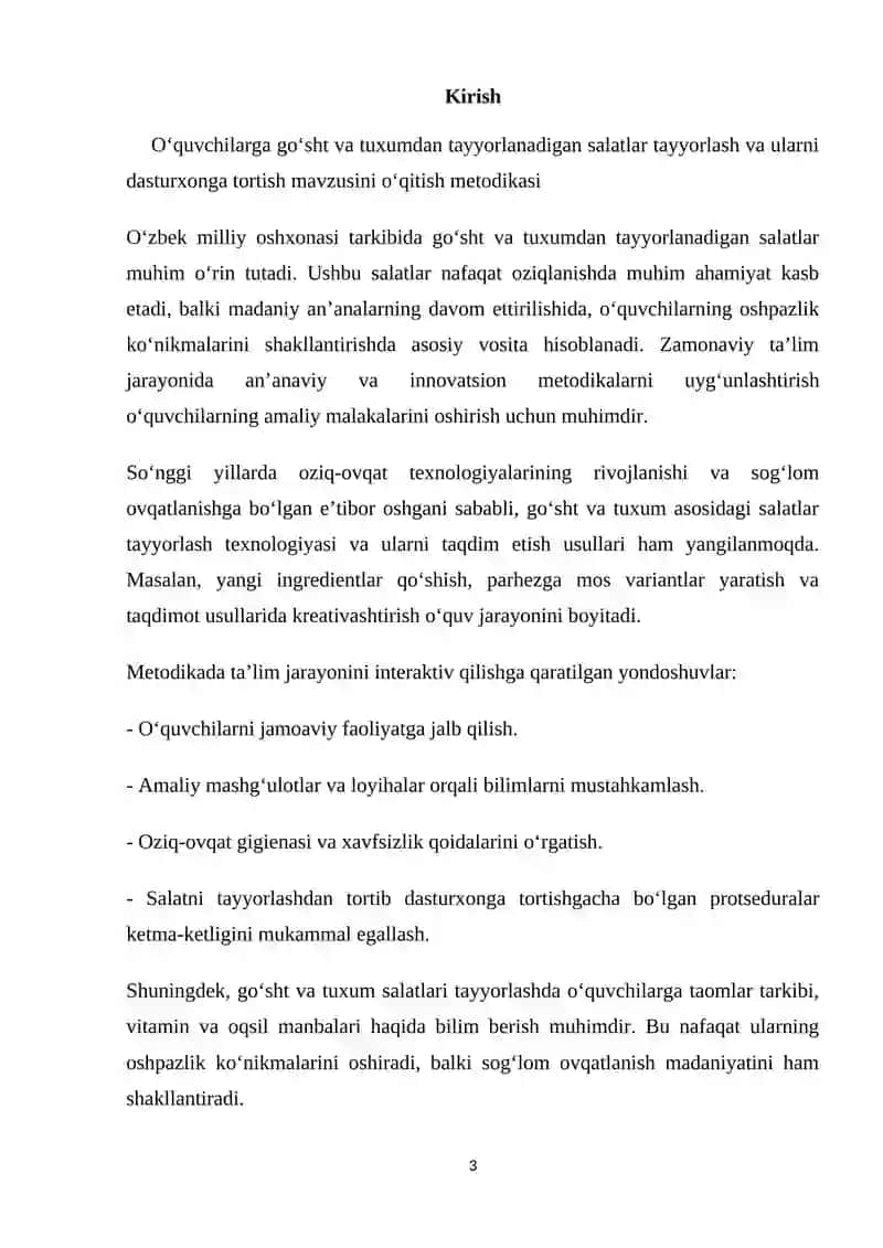 O‘quvchilarga «Go‘sht va tuxumdan tayyorlanadigan salatlar, ularni tayyorlash va dasturxonga tortish» mavzusini o‘qitish metodikasi 3