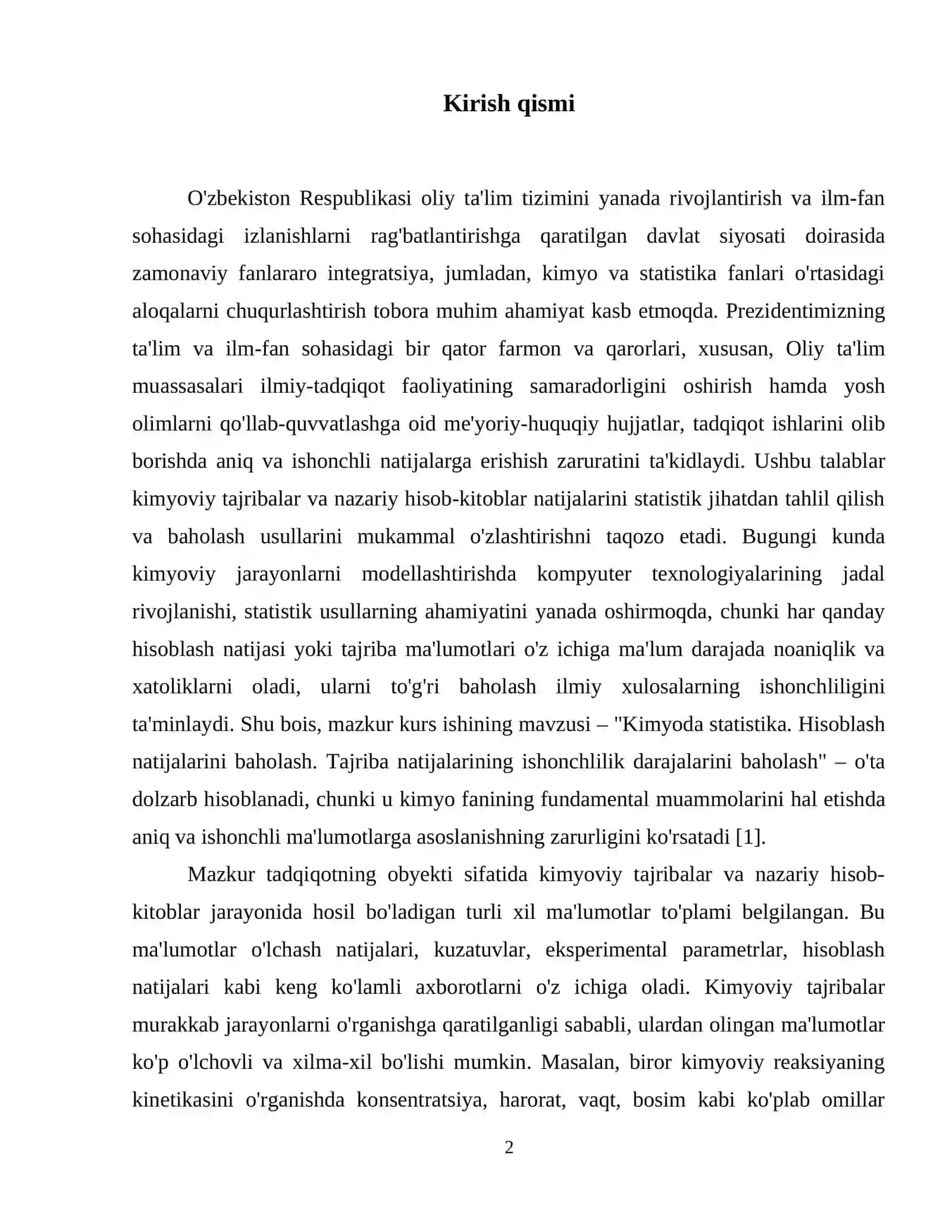 Kimyoda statistika. Hisoblash natijalarini baolash. Tajriba natijalarining ishonchlilik darajalarini baholash. 3