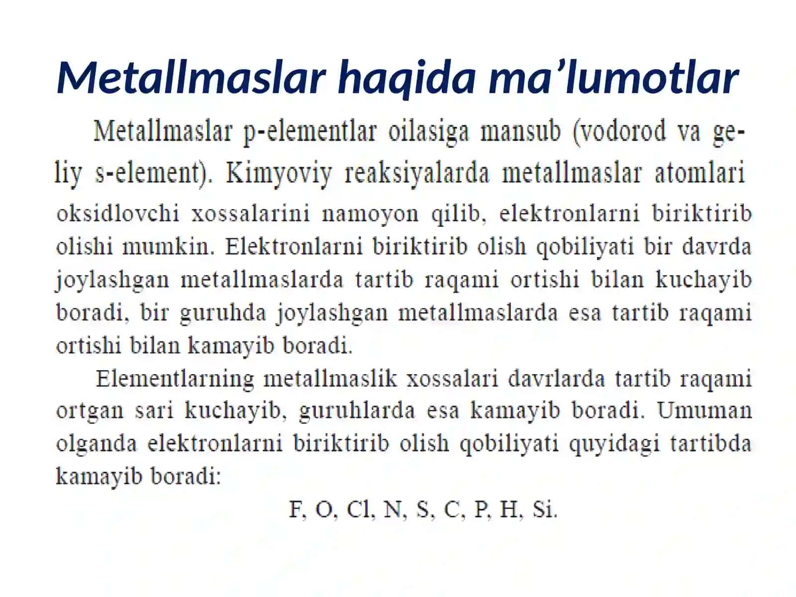 Metalmaslarningelektron tuzilishi, birikmalaridagi kimyoviy bog’lanish turlari va xossalariga doir masalalar yechish 3