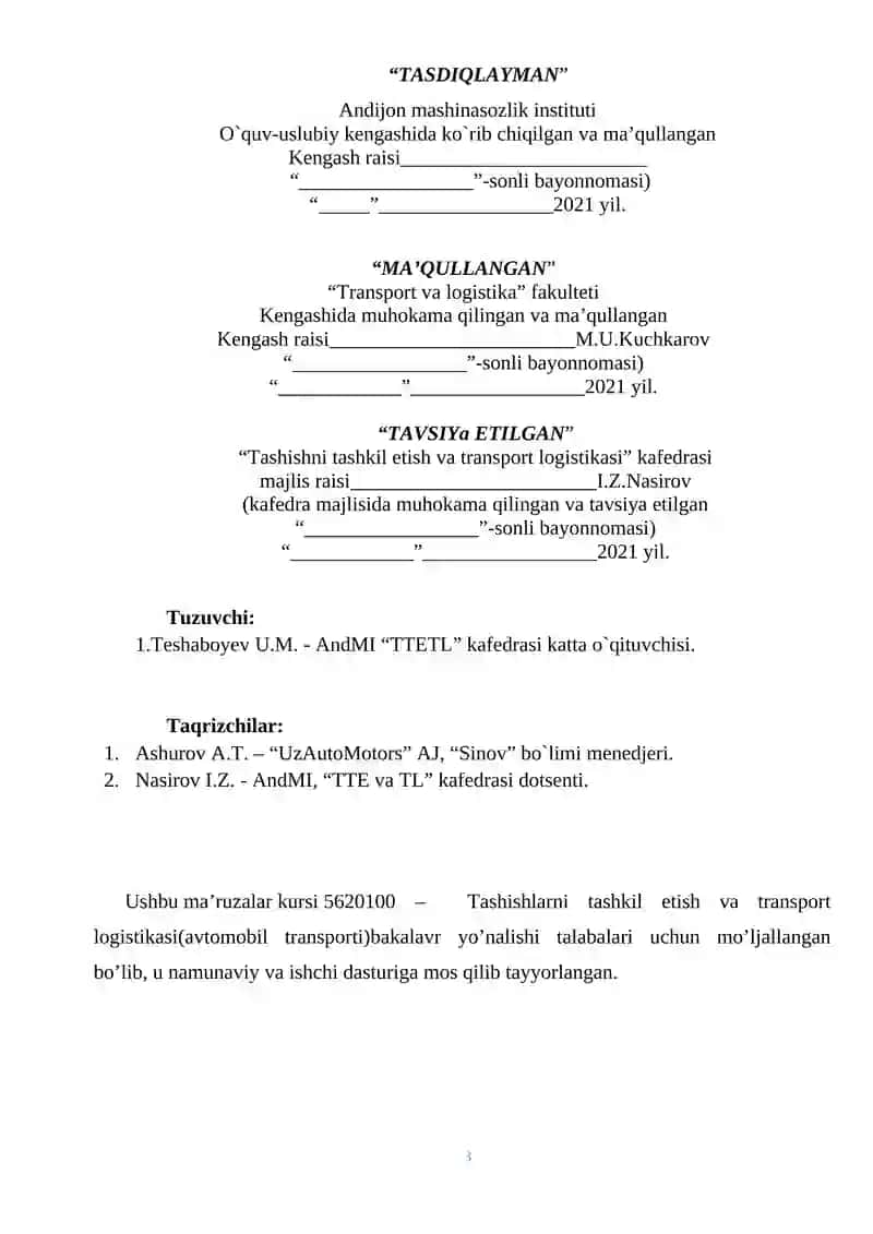 Tashishlarni tashkil etish va transport logistikasi(avtomobil transporti) talabalari uchun MA’RUZALAR KURSI 3